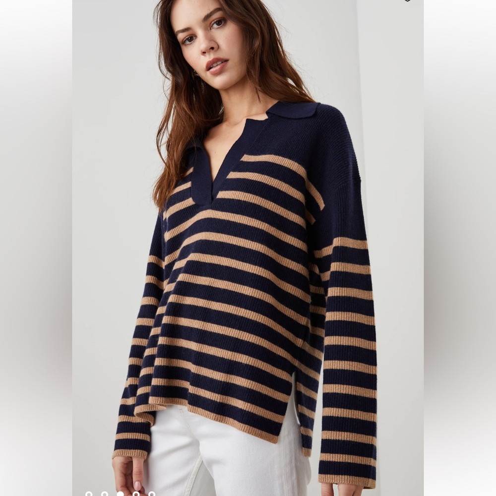 Rails Harris Wool Cashmere Polo Sweater in Camel Navy Stripe Size L